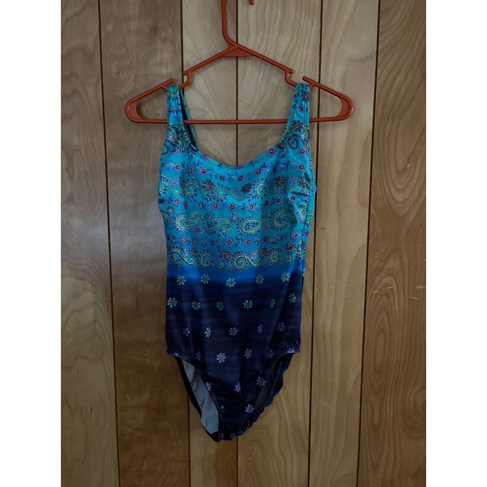 Longitude Womens Blue Ombre Paisley Floral One Piece Swimsuit Size 10 Glitter